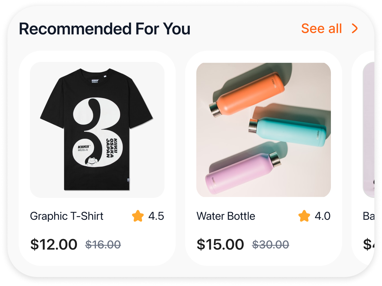 Flat UI showing Recommended For You horizontal product cards with prices and star ratings